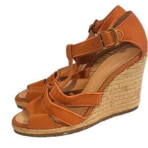 Chloe Canvas Espadrille Wedge Sandals •39/ 8-8.5• Orange Rust Heels Spain